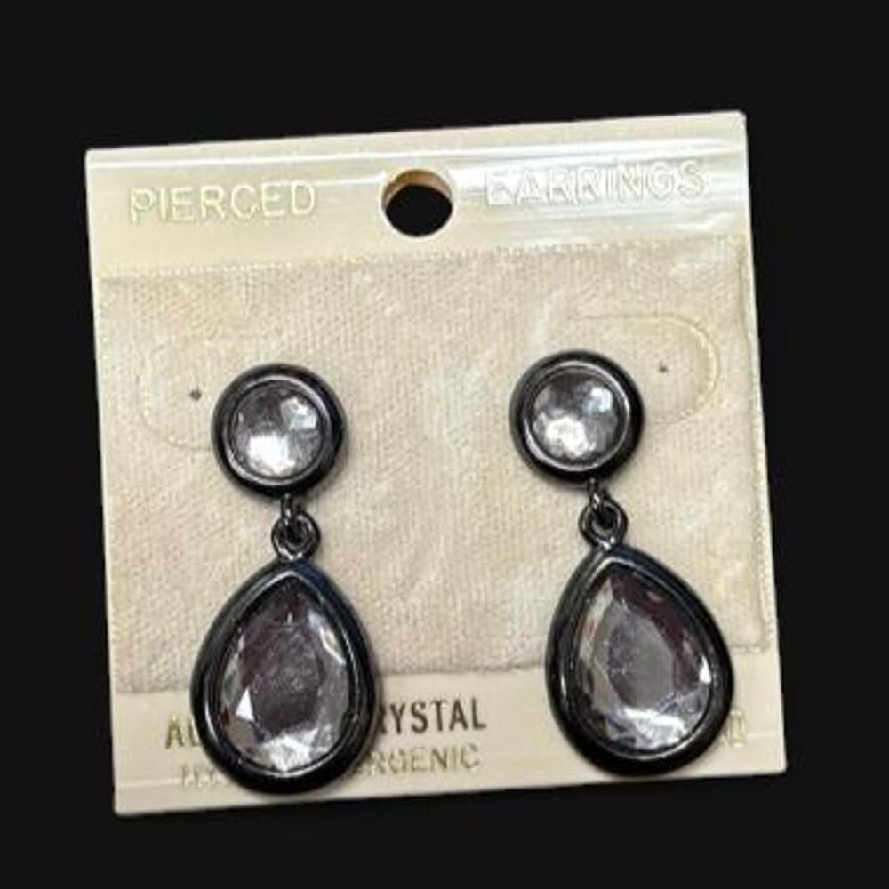 Austrian Crystal Teardrop Earrings New Gunmetal Rhinestone Hypoallergenic Post